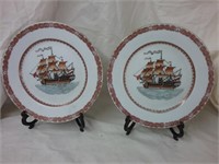 2 Matching Decorative Ship Plates with Stands