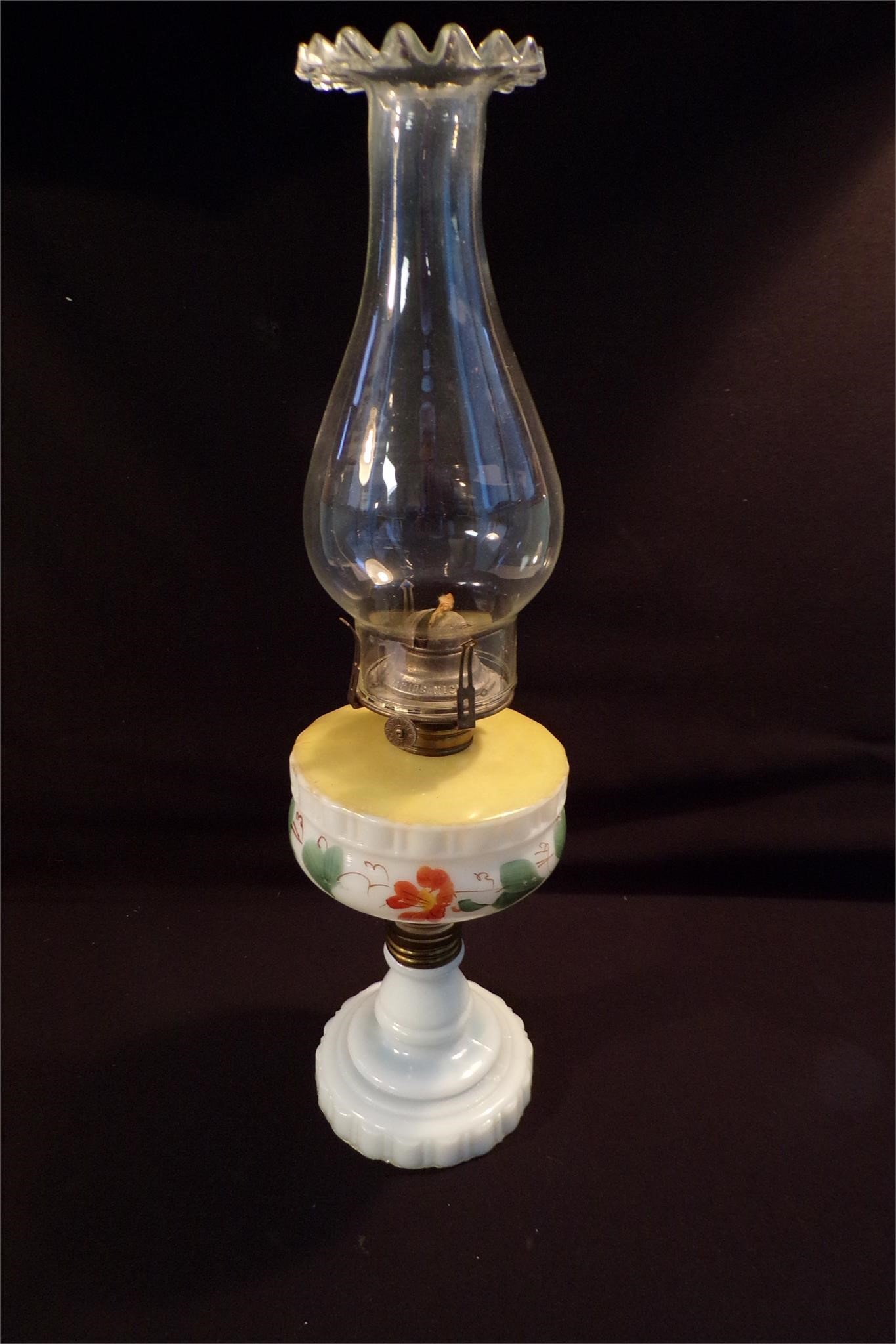 Antique Hand Painted Opaline Glass Oil Lamp