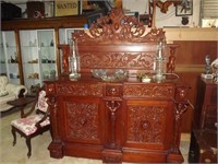 Hand Crafted Ornately Carved Sideboard W/Tall Carv
