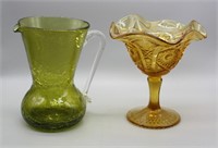 NS: CRACKLE GLASS PITCHER & AMBER CANDY DISH