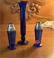 Blue Salt and Pepper Shakers and Bud Vase
