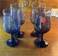 4 Blue Glass Goblets (living room)