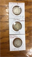 3 Barber quarter coins. 1909 D, 1912, 1915