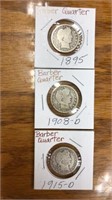 3 Barber quarter coins. 1895, 1908 D, 1915 D