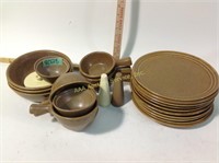 Brown stoneware plates, bowls, soup bowls and
