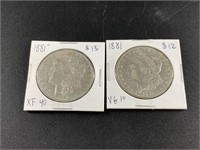 2 Morgan silver dollars 1881 and 1881 O