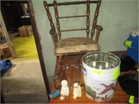 Small rocking chair and tin w/misc.