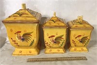 THREE CERAMIC CANISTERS WITH ROOSTER THEME. FEW