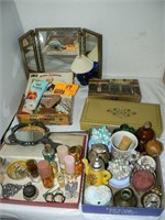 VANITY ITEMS WITH PERFUME, RING HOLDERS, ANTIQUE