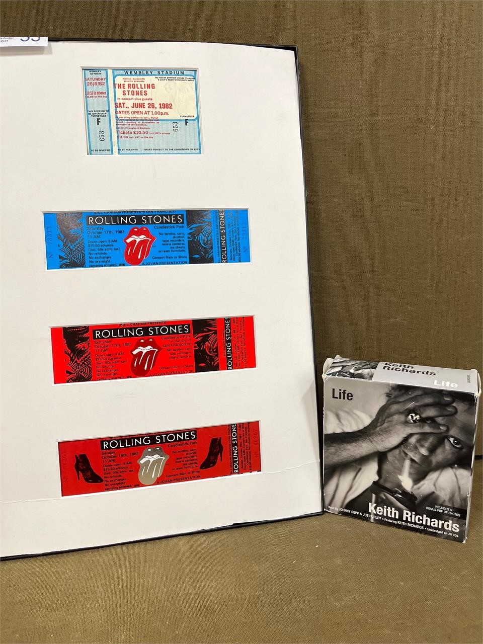 Framed Rolling Stones Tickets & Keith Richards