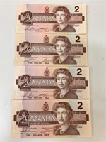 4 Last Year Print 1986 Canada $2 Banknotes