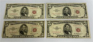 (4) Red Seal Five Dollar - Us Note