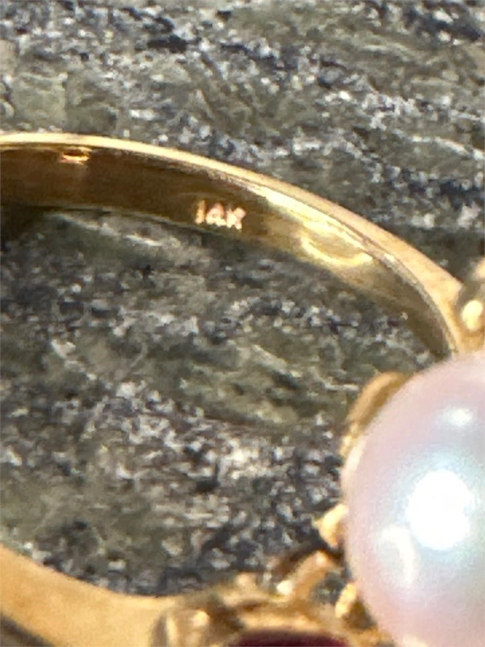 14k Gold Pearl Diamond Ruby Ring