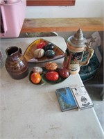 stein,pitcher,glass eggs & items