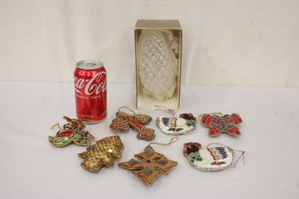 7 Beaded Ornaments & Glass Pine Cone