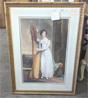 LARGE GOLD FRAMED PRINT LADY W/ HARP BY THOMAS SUL