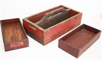 Red Painted Wooden Tool Carrier, (2) Red Painted