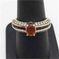 Sterling Silver Ring W Clear & Orange Stones