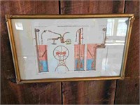 Antique Water Pump Engineering Drawing in Frame