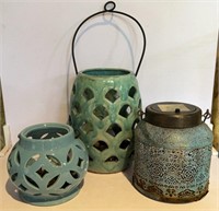 Turquoise Candle Lanterns As Is Cracks Rust