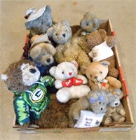 Box of Misc Plush Bears, including Packers Bear