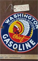 Chief Washington porcelain gas pump sign 12"