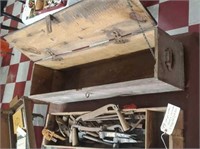 Antique wooden box loaded w antique tools