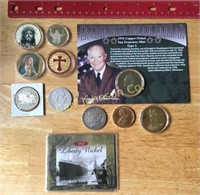 LOT OF COINS, COLLECTOR MEDALS & MISC