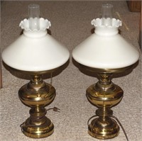 Pair Brass Oil Style Table Lamps Milk Glass Shades