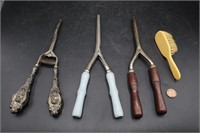 4 Antique Curling Irons & Celluloid Doll Brush