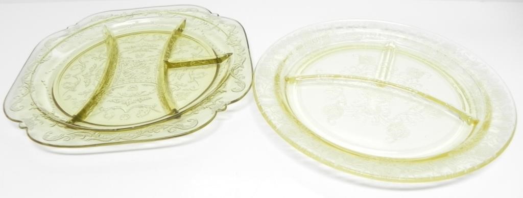 2 YELLOW DEPRESSION GLASS SERVING PLATES