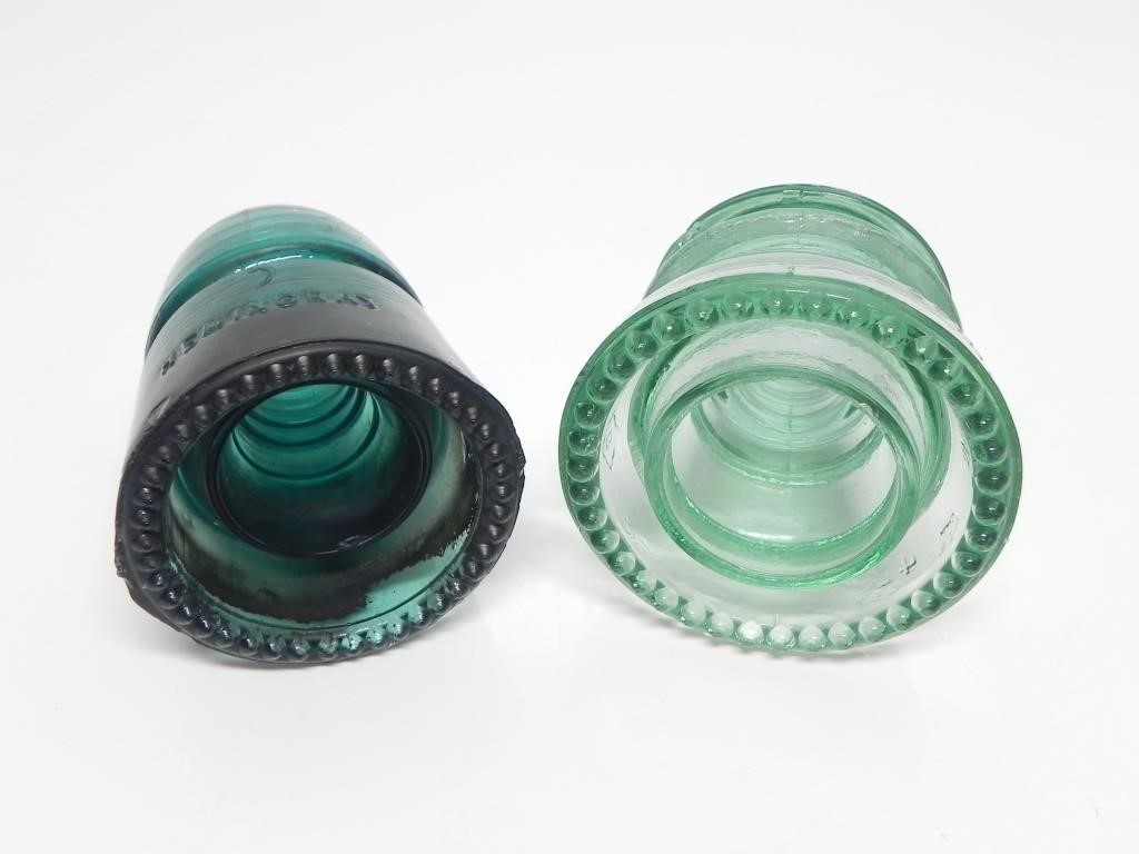 2 GREEN GLASS INSULATORS-HEMINGRAY & DOMINION