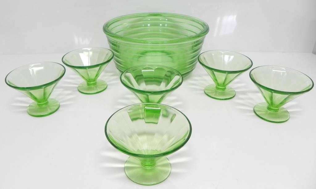 URANIUM GLASS BOWL & 6 SHERBERT CUPS