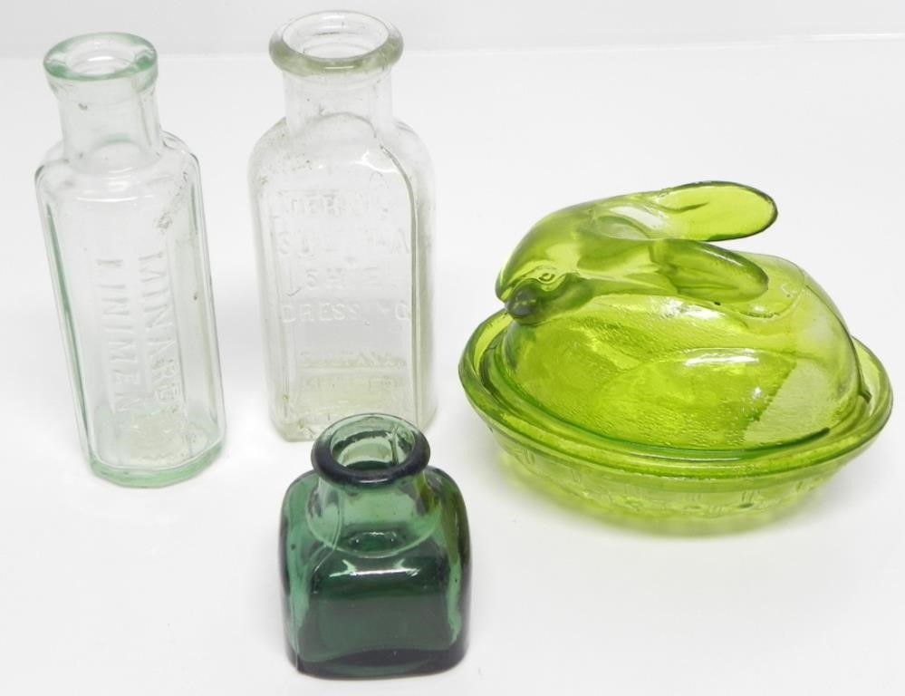 GREEN GLASS RABBIT ON NEST & ASSTD SMALL BOTTLES