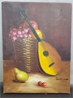 Unframed Oil Painting of Mandolin & Fruit by