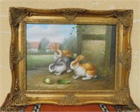 Bunnies Oil on Canvas, Signed "Walter".