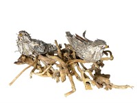 Wooden Bird Figurines w/Crepe Mrytle Branches