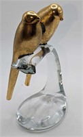 Vintage 2 Brass Birds On Clear Art Glass Perch