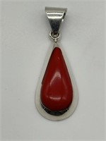 Vintage Sterling Silver Red Coral Teardrop Pendant