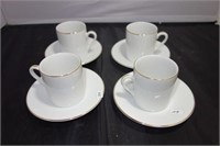 4 CHOCOLATE CUPS AND SAUCERS GOLD BANDED RIM