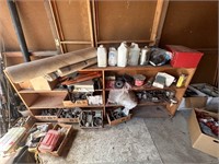 8 foot shelf with various various garage stuff
