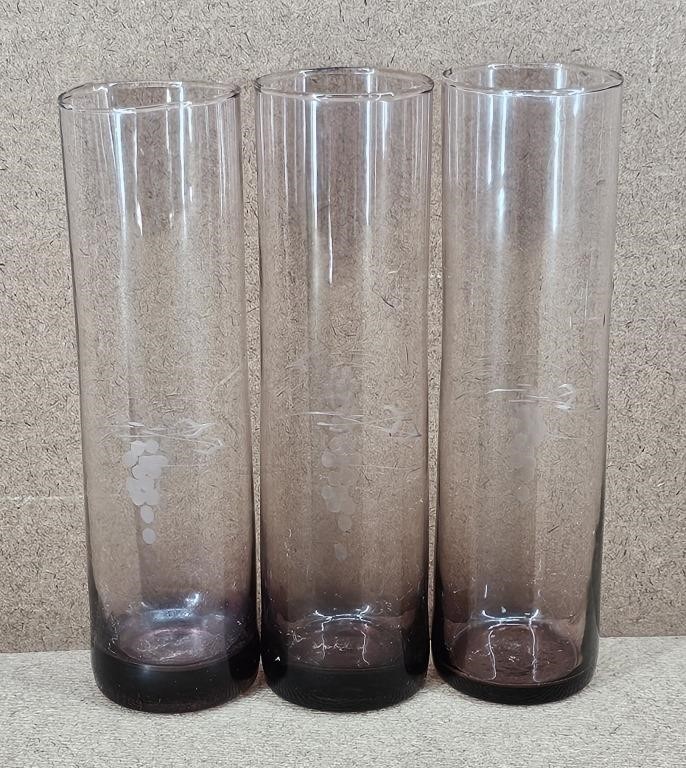 3pc Amethyst Grape Etched Bud Stem Vases