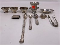 Sterling salts, mint tray, tooth pick urn, tongs,