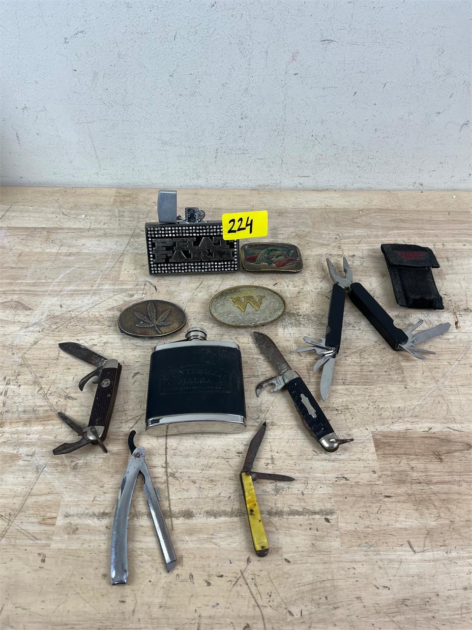 Lot of Belt Buckles, Flask, Utility Knives