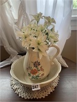 MCCOY PITCHER AND BOWL W/ SILK FLOWERS