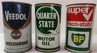 3 Vintage Empty Oil Tins incl Bp, Veedol & Quaker
