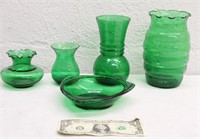 (5) PIECES OF FOREST GREEN GLASS