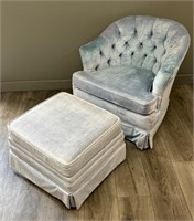 Blue Velvet Upholstered Ladies Chair w/ Ottoman