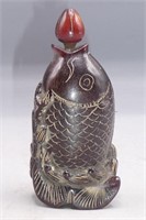 SINO-ASIA CARVED 'LOTUS FISH' SNUFF BOTTLE