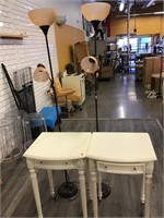 Pair White Wood Side Tables and 2 Floor Lamps